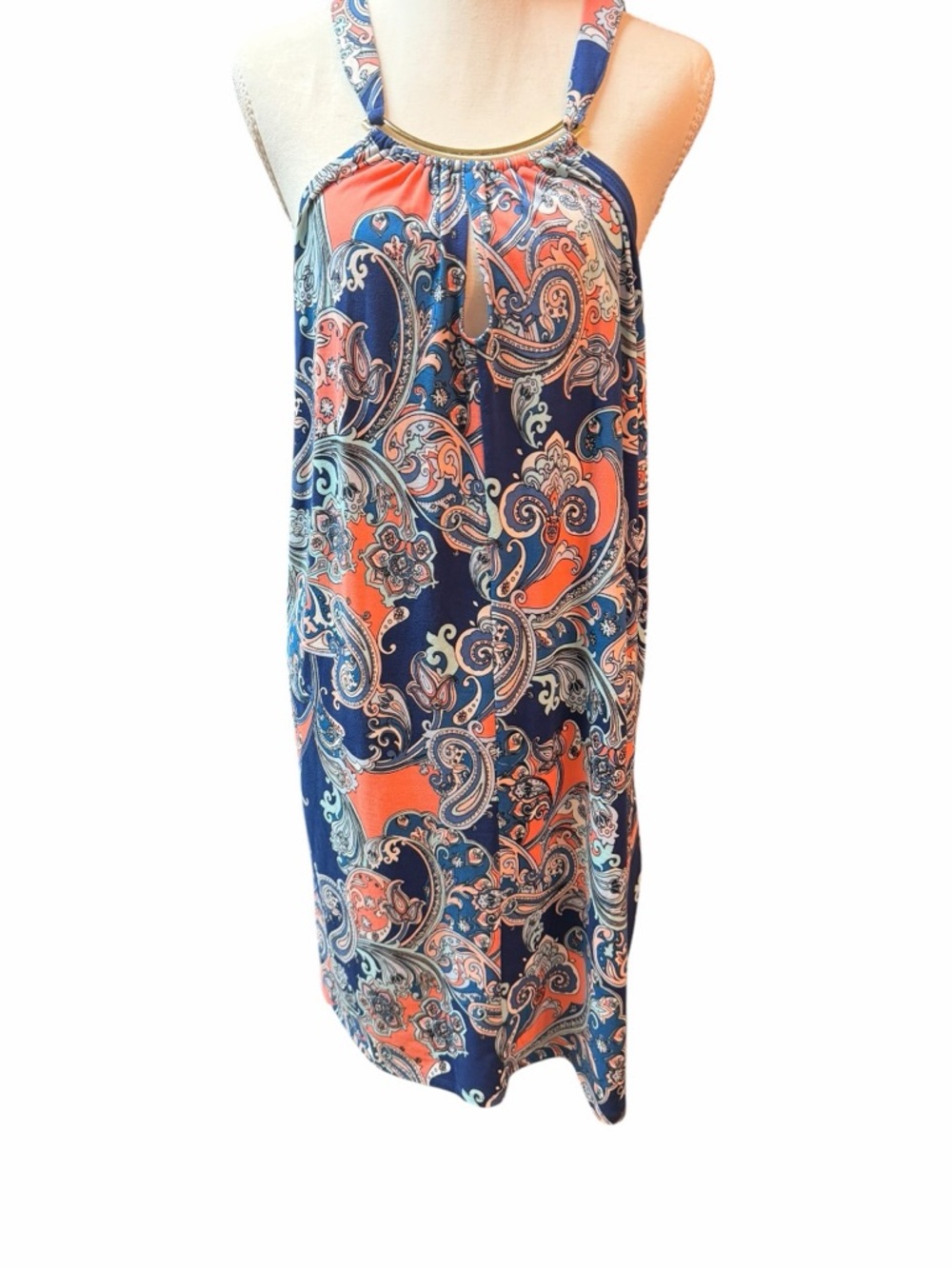 Boho Paisley Halter Shift Dress Metal Bar Keyhole Navy Coral Size L NWT